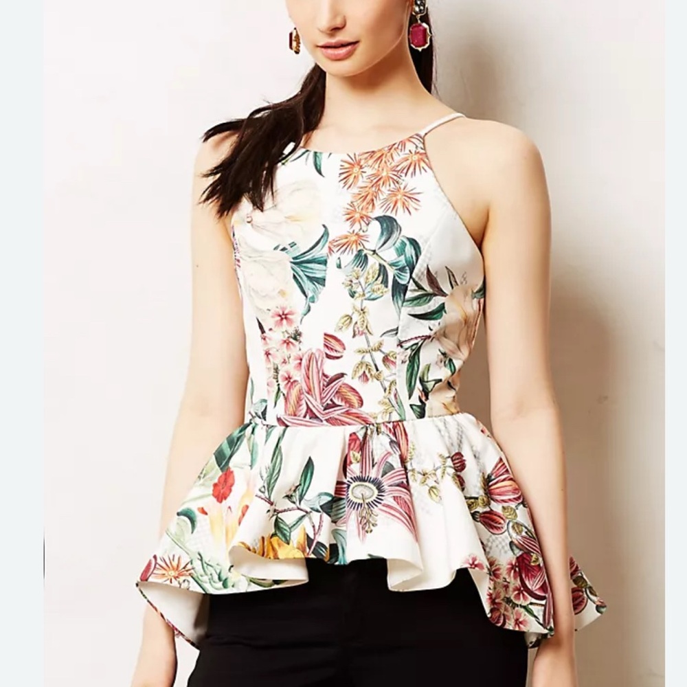 Anthropologie -Cameo White and Green Ruffled Peplum Sundress
